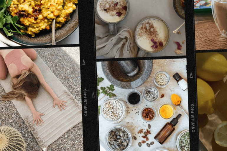 A collage of images promoting an Ayurvedic lifestyle. On the top left, a bowl of spiced lentil dal garnished with fresh herbs. Below, a woman in a child's yoga pose on a textured mat, symbolizing relaxation and mindfulness. Top right, a tall glass of warm golden milk, a traditional Ayurvedic drink. In the middle, an assortment of Ayurvedic ingredients and spices like seeds, leaves, and powders in small containers, ready for preparing holistic remedies. Lastly, on the bottom right, freshly cut lemons on a wooden board, indicating the use of natural ingredients for health and wellness.