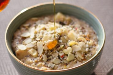 white and blue ceramic bowl with white and brown dish