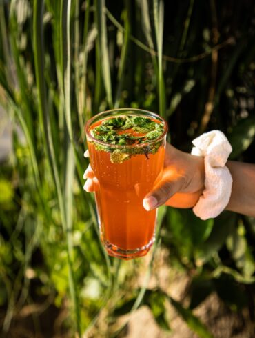 person holding clear drinking glass with brown liquid