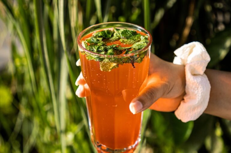 person holding clear drinking glass with brown liquid