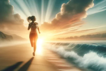 A hero image featuring a young woman running along a beach at sunrise symbolizing overcoming self-doubt and embracing inner strength.