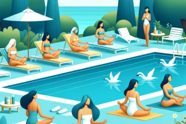 A serene summer scene with a diverse group of women practicing self-care by a pool, meditating, applying sunscreen, and reading.