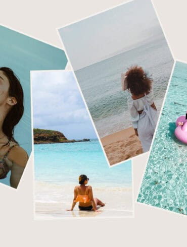 A collage of four photos showcasing different people enjoying water-related activities. One image shows a woman floating in a pool with her eyes closed, another shows a person standing on the beach looking out at the ocean, the third image depicts a woman sitting on the sand by a turquoise beach, and the last picture features a person lounging on a pink flamingo float in clear, blue water.
