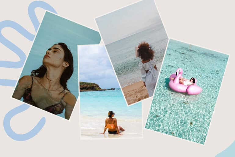 A collage of four photos showcasing different people enjoying water-related activities. One image shows a woman floating in a pool with her eyes closed, another shows a person standing on the beach looking out at the ocean, the third image depicts a woman sitting on the sand by a turquoise beach, and the last picture features a person lounging on a pink flamingo float in clear, blue water.