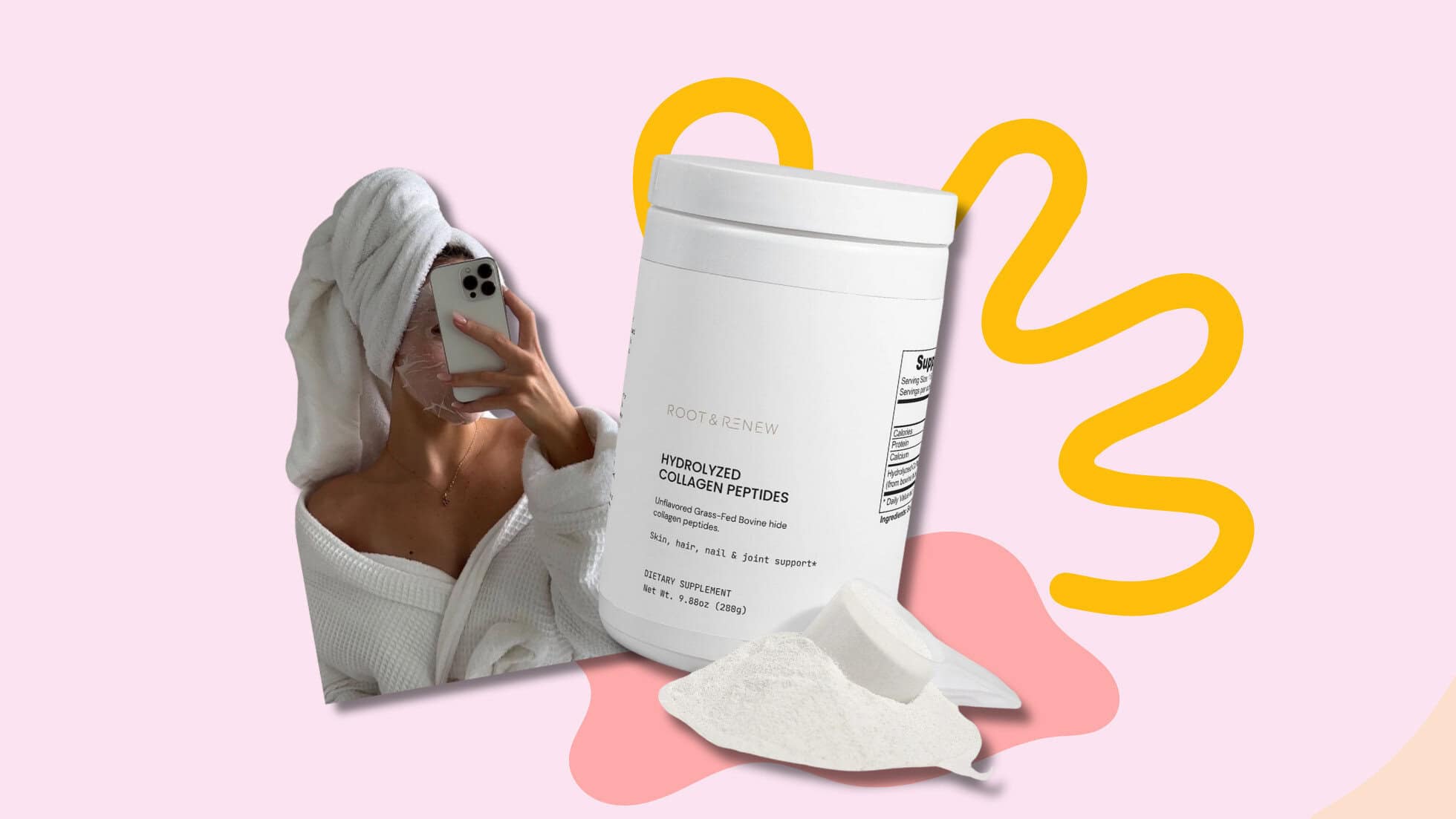 A woman in a white bathrobe with a towel wrapped around her head, taking a mirror selfie while wearing a facial mask. Next to her is a container of Root & Renew Hydrolyzed Collagen Peptides with a scoop of collagen powder displayed in front of the container. The background features a playful abstract design with soft pink and yellow shapes.