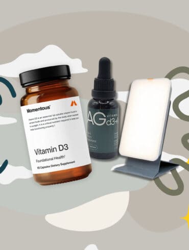 Illustration featuring three items for boosting Vitamin D: a bottle of Momentous Vitamin D3 capsules, a dropper bottle labeled "AG Vitamin D3+", and a UV light therapy lamp. The background includes abstract cloud shapes and flowing lines, with subtle sparkles to symbolize wellness and energy.